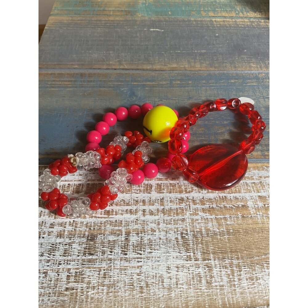 Beaded Bracelets Set Of 3 With Red Lucite Smiley Face & Flower Design